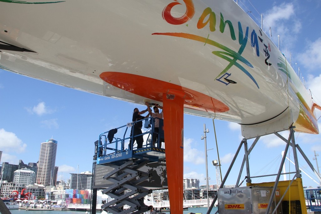 The underside of Team Sanya showing where the crack started at the propellor exist to the left of the picture. The outer skin was about to peel, to be followed by the core if the boat had continued at race pace. © Richard Gladwell www.photosport.co.nz
